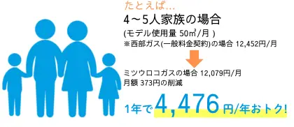 一般家庭など4～5人家族が1年で4,476円お得になる説明
